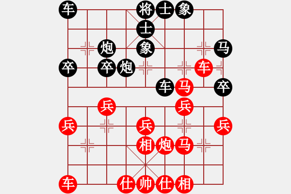 象棋棋譜圖片：閑著沒事干(3段)-和-她山之石(4段)仙人指路轉(zhuǎn)左中炮對卒底炮飛左象 紅左直車右馬盤河對黑右橫車邊 - 步數(shù)：30 