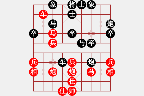 象棋棋譜圖片：中炮七路馬進(jìn)七兵對(duì)屏風(fēng)馬進(jìn)7卒黑右炮過河 紅馬七進(jìn)六   雨果剖(2段)-負(fù)-與日沖天(1段) - 步數(shù)：30 